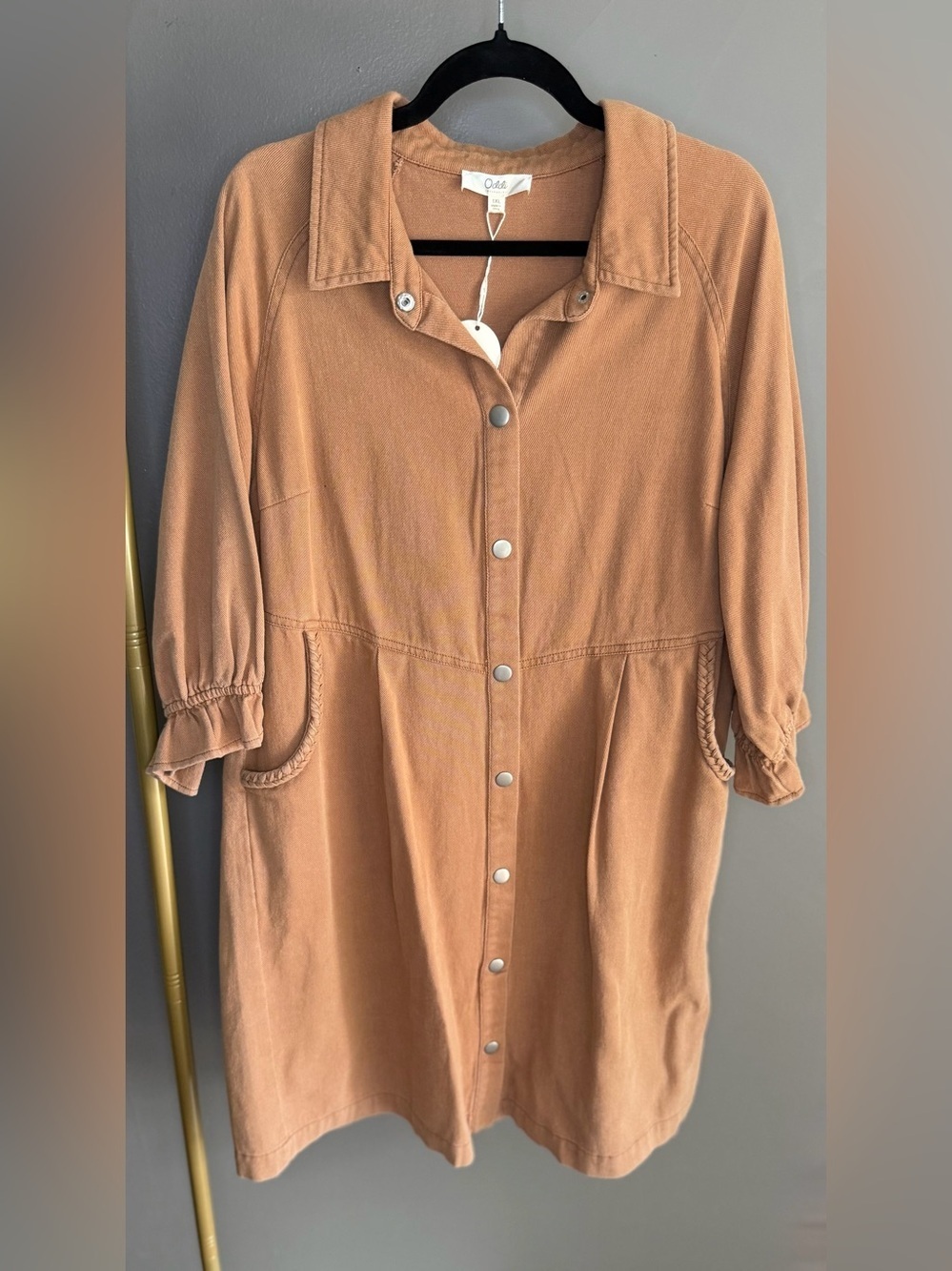 Oddi LA Camel Utility Shirt Dress Snap Front Boho Luxe Minimalist 1XL NWT